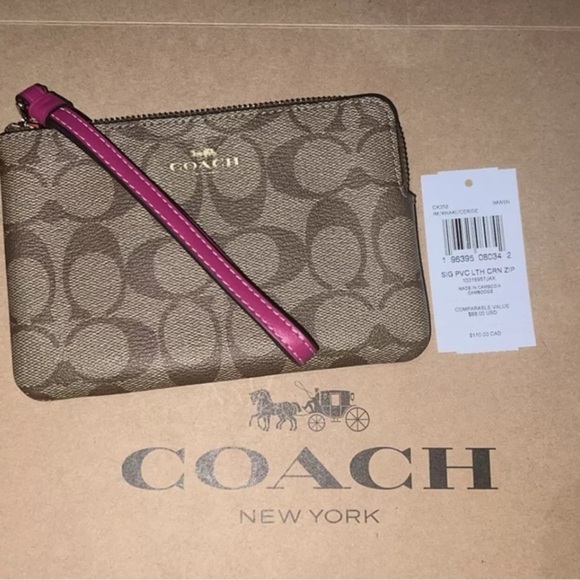 Coach Handbags - NWT COACH Corner Zip Wristlet in Signature Canvas & Leather Khaki/Cerise CK358